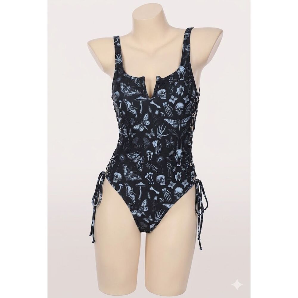 Romwe Goth Botanical Skull & Moth Print One-Piece Lace-Up Side Swimsuit. Size S